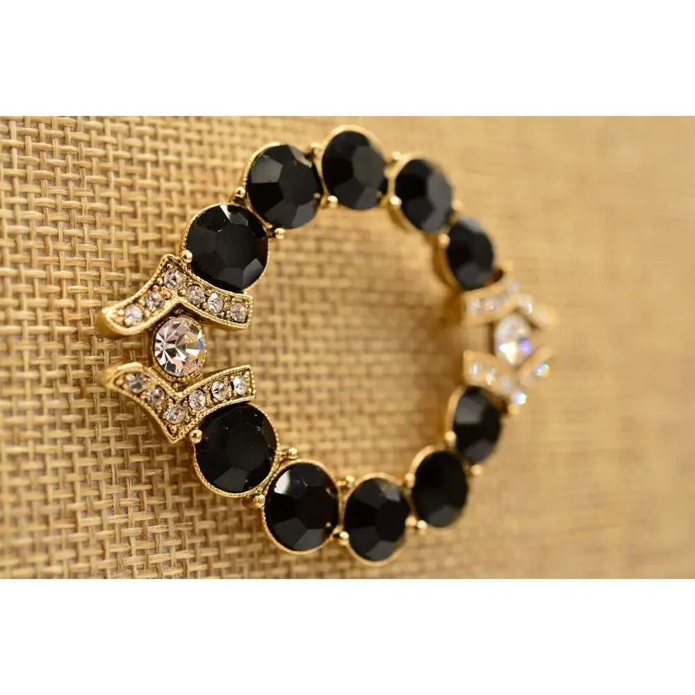 Vintage Black Crystal Pin Brooch Round Gold Rhinestone Chunky Sparkling BinAL